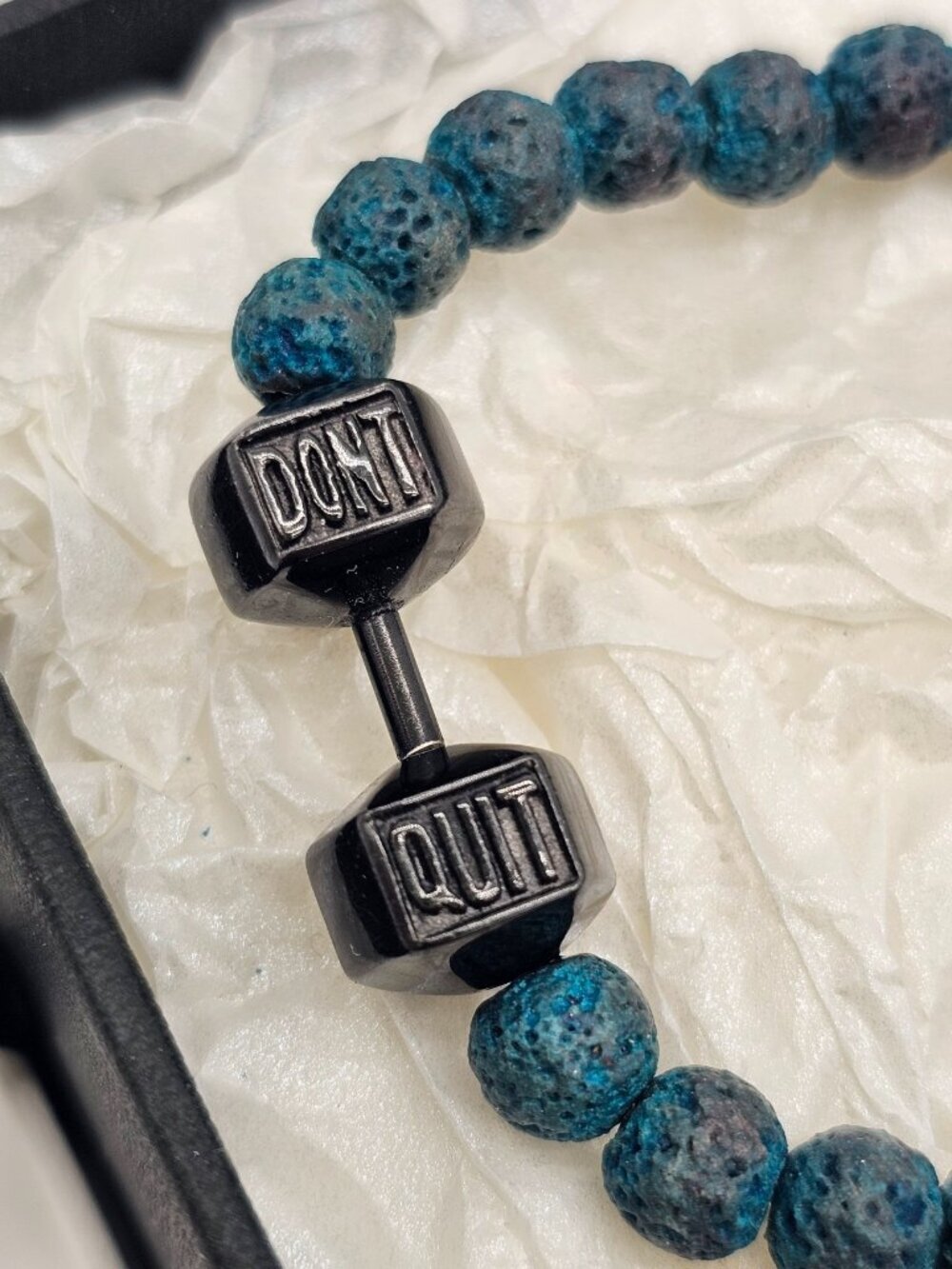 Handmade bracelet /w semi precious stone & stainless steel "DON'T QUIT" Dumbbell
